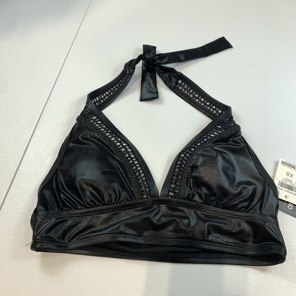 Bar‎ III Womens Swim Bikini Top XS Black Midnight Boho Halter Beach Swimsuit